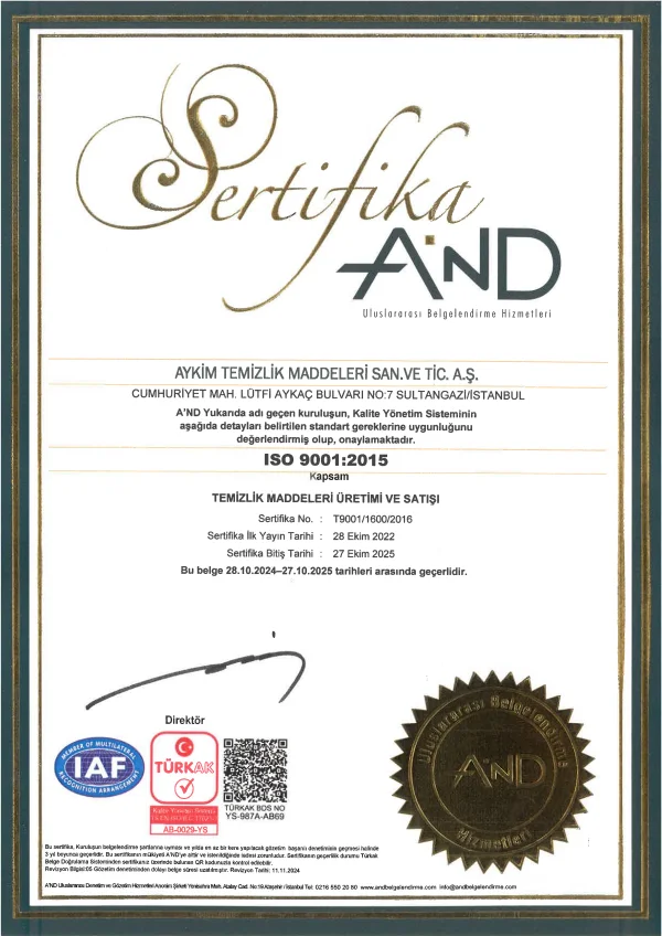ISO 9001:2015 Kalite Yönetim Sistemi Belgesi