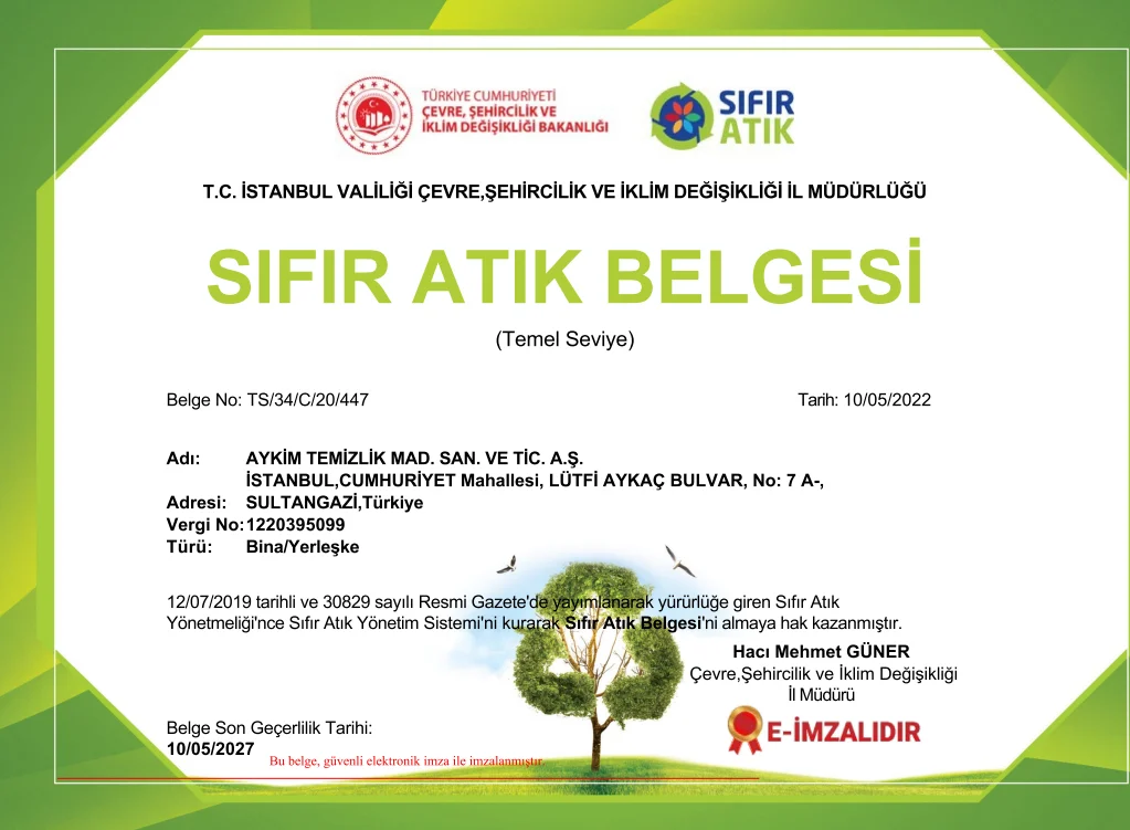 T.C. İstanbul Valiliği Sıfır Atık Belgesi